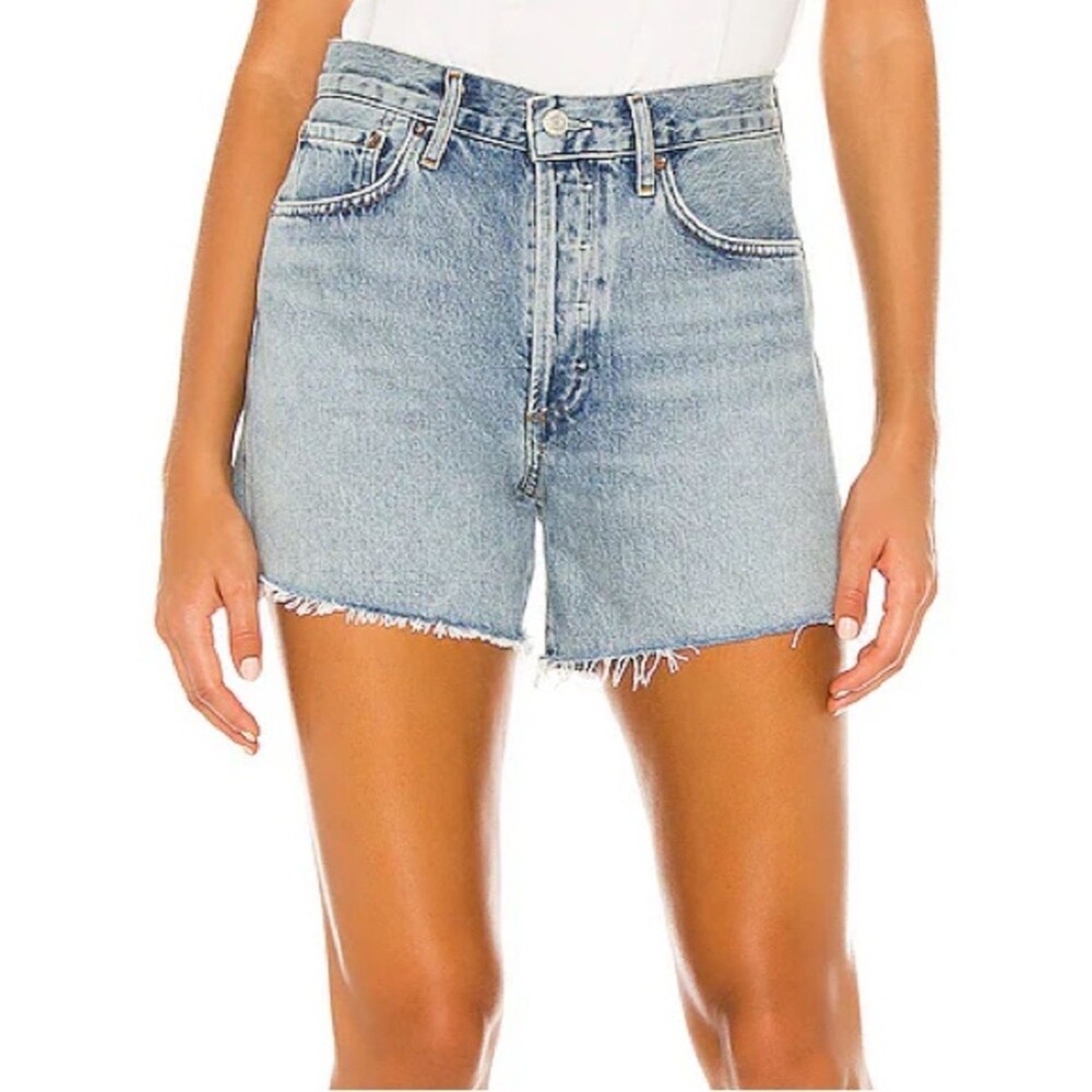 AGOLDE Reese High Rise Denim Shorts Size 24 Wonder Organic Cotton Raw Hem Cutoff